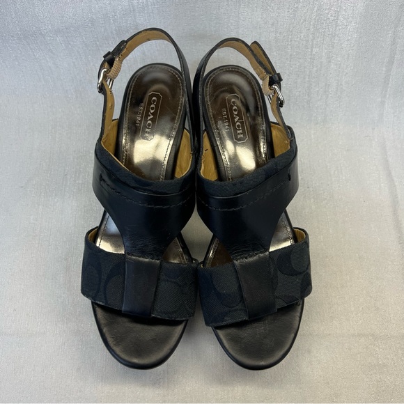 Coach 6 B Black Leather Signature Jacquard Platform Wedge Heels Sandal Campbell - Picture 2 of 10